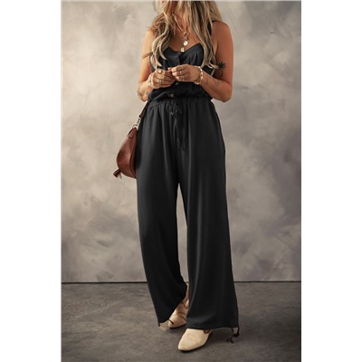 Black Knotted Straps Button Textured Drawstring Jumpsuit