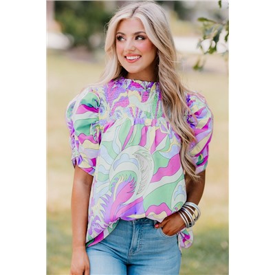 Green Abstract Print Bubble Sleeve Smock Detail Blouse