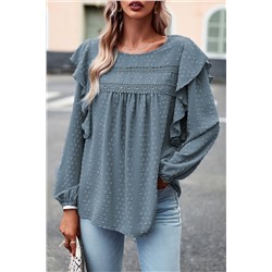 Sky Blue Lace Eyelet Ruffle Shoulder Long Sleeve Blouse