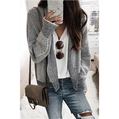 Grey Plaid Contrast Trim Open Front Cardigan