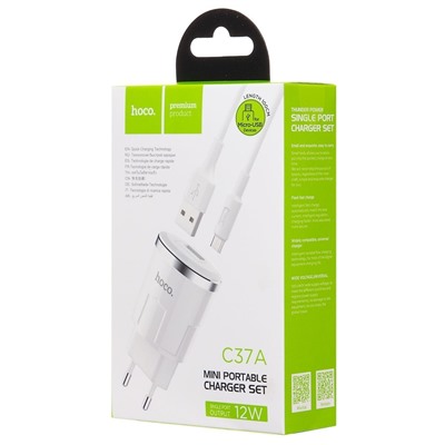 Адаптер Сетевой с кабелем Hoco C37A USB 2,4A/10W (USB/Micro USB) (white)