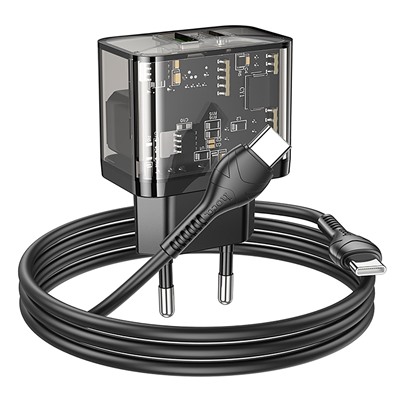 Адаптер Сетевой с кабелем Hoco N34 Dazzling PD QC3.0 USB/Type-C 3A/20W (Type-C/Type-C) (black)