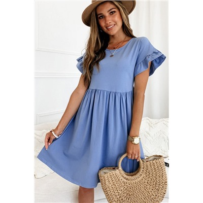 Голубое платье-мини с короткими рукавами и рюшами