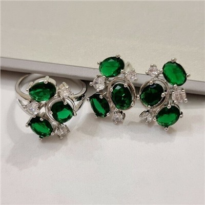 Комплект ювелирная бижутерия, серьги и кольцо посеребрение, камни зеленые, р-р 19, 57228 арт.847.882