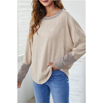 Khaki Contrast Cuffs Batwing Sleeve Loose Top