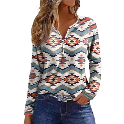 White Aztec Geometric Print Long Sleeve Henley Top