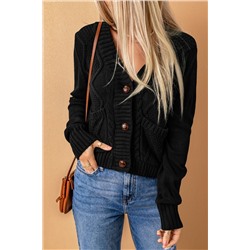 Black Front Pockets Buttons Textured Cardigan