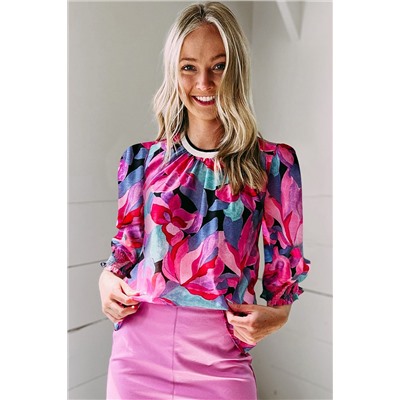 Multicolor Floral Print Ruched Sleeve Puff Sleeve Blouse