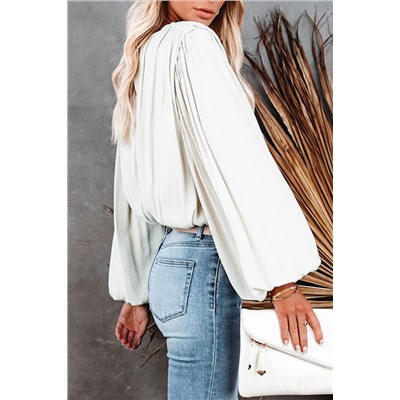 White Crew Neck Billowy Sleeve Blouse