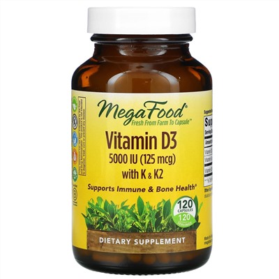 MegaFood, витамин D3 с витаминами K и K2, 5000 МЕ (125 мкг), 120 капсул