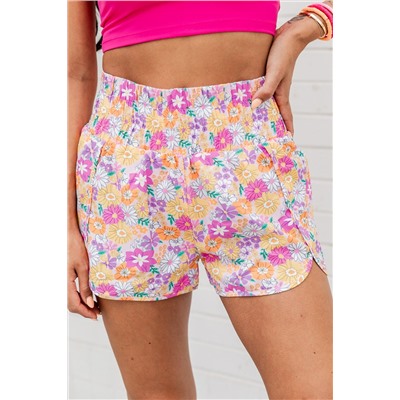 Pink Boho Floral Shirred High Waist Casual Shorts