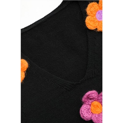 Black 3D Flower Decor Cropped Sweater Vest