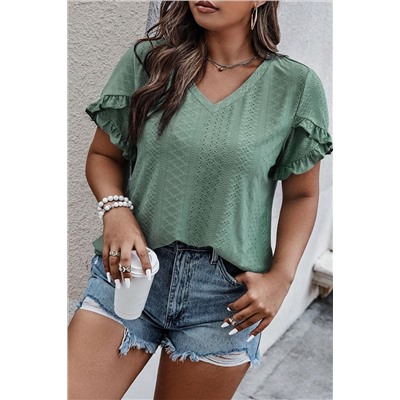 Laurel Green Petal Sleeve Jacquard V Neck Curvy Blouse