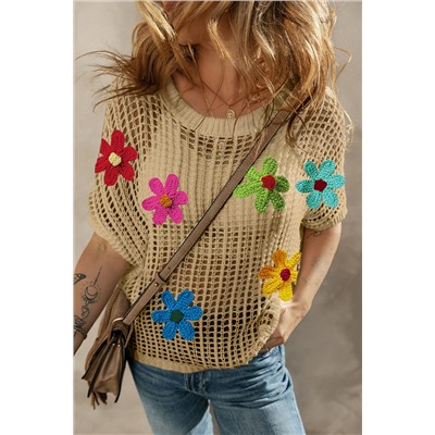 Light French Beige Crochet Flower Hollow-out Sweater T Shirt