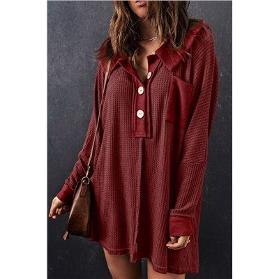 Red Waffle Knit Buttoned Long Sleeve Top