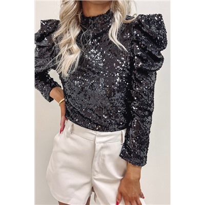 Black Sequin Mock Neck Bubble Sleeve Top