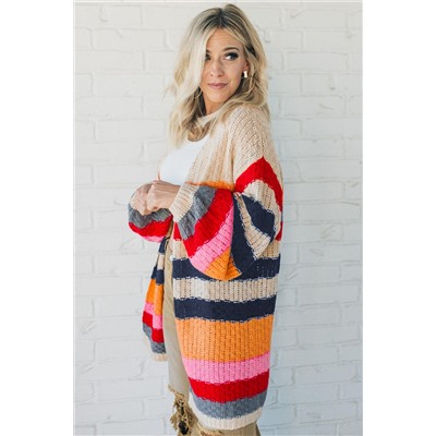 Stripes Knitted Balloon Sleeve Open Cardigan