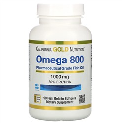 California Gold Nutrition, омега 800, рыбий жир фармацевтической степени чистоты, 80% ЭПК/ДГК, в форме триглицеридов, 1000 мг, 90 капсул из рыбьего желатина