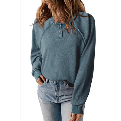 Sea Green Waffle Knit Raglan Sleeve Henley Sweatshirt