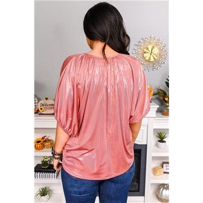 Pink Split V Neck Metallic Short Sleeve Top