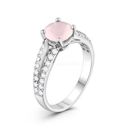 Кольцо из серебра с розовым кварцем и фианитами родированное