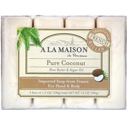 A La Maison de Provence, Мыло для рук & тела, Чистый кокос, 4 бруска по 3.5 унции
