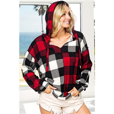 Multicolor Contrast Color Plaid Drawstring V Neck Hoodie