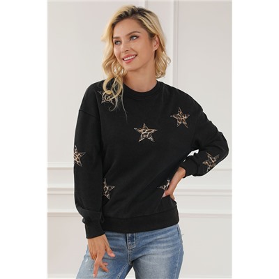 Black Leopard Star Patched Drop Shoulder Sweatshirt