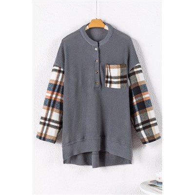 Dark Grey Loose Plaid Patchwork Textured Knit Henley Top