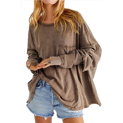 Brown Exposed Seam Thumbhole Drop Shoulder Loose Sweatshirt