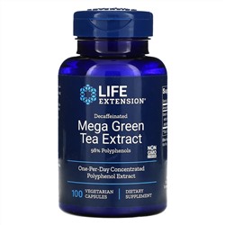 Life Extension, мегаэкстракт зеленого чая, без кофеина, 100 вегетарианских капсул
