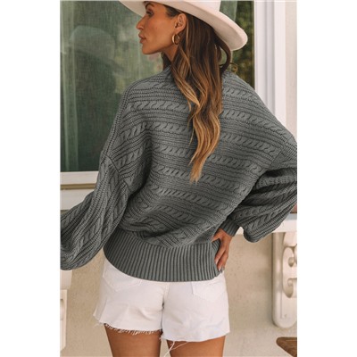 Gray Mock Neck Lantern Sleeve Cable Knit Sweater