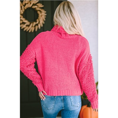 Pink Ribbed Turtleneck Fuzzy Sleeve Knit Sweater