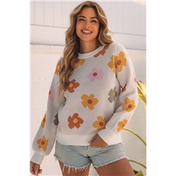 White Sweet Flower Knitted Ribbed Hem Sweater