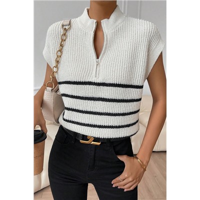 White Stripe Half Zip Split Stand Neck Sweater T-shirt