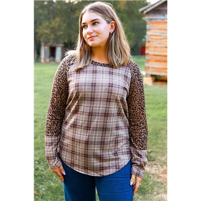 Chestnut Plus Size Leopard Raglan Sleeve Plaid Top