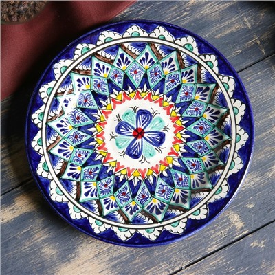 Тарелка Риштанская Керамика "Цветы", синяя, плоская, 17 см, микс