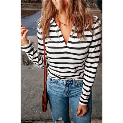 Stripe Collared V Neck Lightweight Knit Casual Sweater