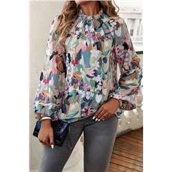 Green Printed Floral Bubble Sleeve Frill Mock Neck Blouse