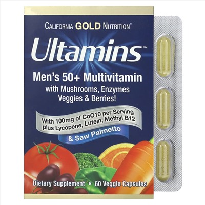 California Gold Nutrition, Ultamins, мультивитамины для мужчин старше 50 лет, с коэнзимом Q10, грибами, ферментами, овощами и ягодами, 60 растительных капсул