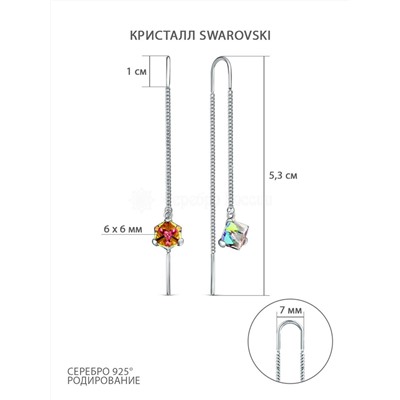 Серьги-продёвки из серебра с кристаллами Swarovski зелёный мистик родированные 0063с-001VM