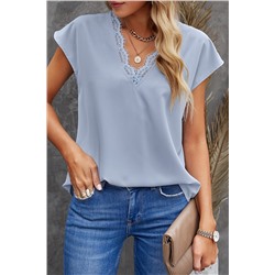 Sky Blue V Neck Lace Trim T-shirt