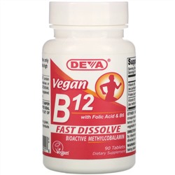 Deva, витамин в12 с фолиевой кислотой и витамином В6, для веганов, 90 таблеток