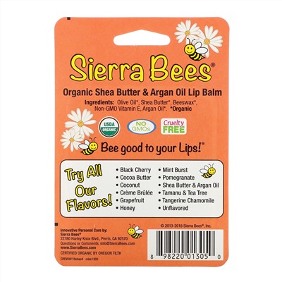 Sierra Bees, Органические бальзамы для губ, масло ши и аргановое масло, 4 штуки в упаковке весом 0,15 унции (4,25 г) каждая