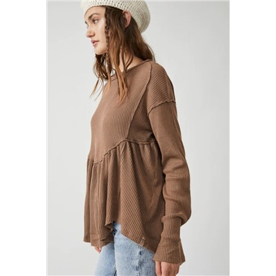 Brown Solid Color Ribbed Long Sleeve Peplum Blouse