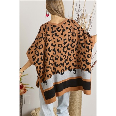 Camel Leopard Print Poncho Sweater