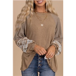 Light French Beige Floral Striped Patchwork Loose Long Sleeve Top