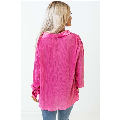 Pink V Neck Collared Button Pleated Shirt