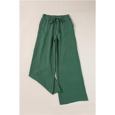 Mist Green Crinkle Textured Drawstring High Waist Wide Leg Pants