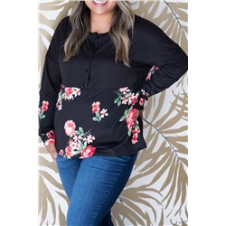 Black Plus Size Floral Printed Splicing Half Button Top